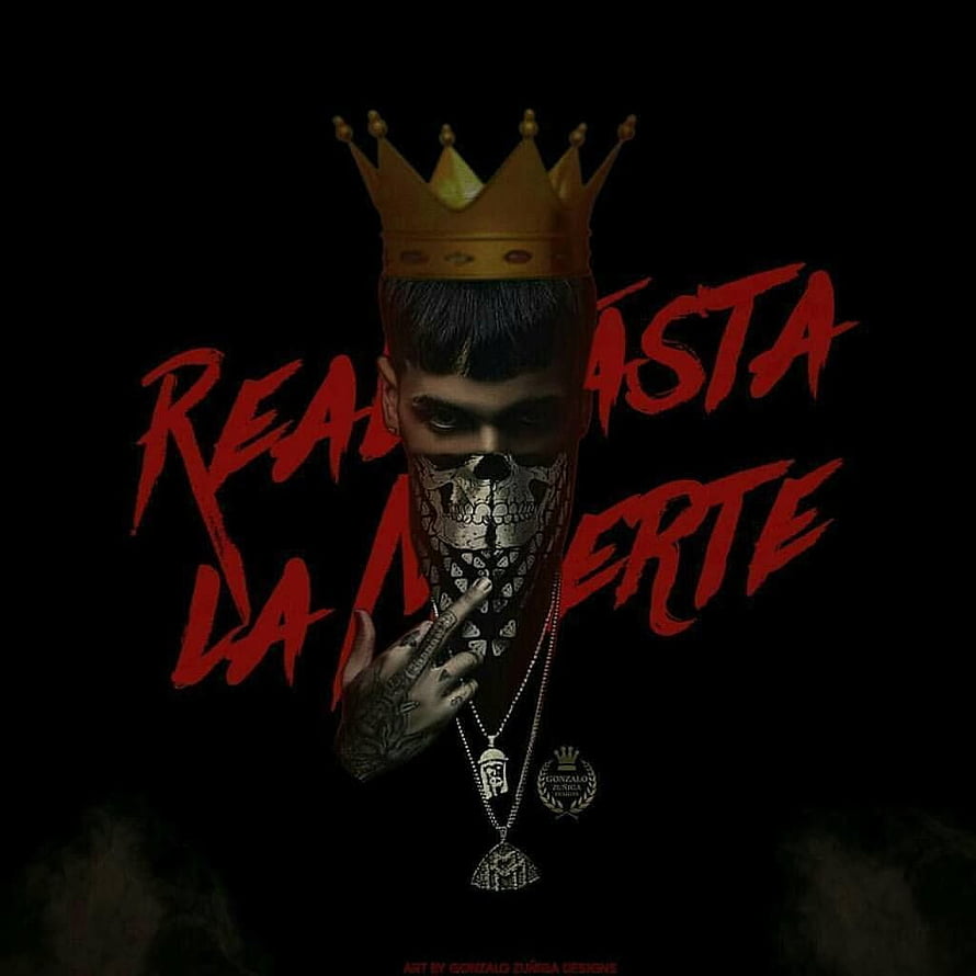 Anuel AA wearing a gold crown and skull mask with red graffiti text on a black background HD phone wallpaper
