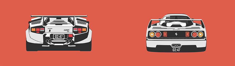 Rear View Illustration of Lamborghini Countach and Ferrari Testarossa on Coral Background HD wallpaper