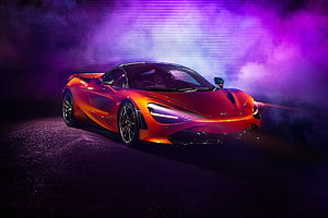 McLaren 720S Super Car in Vibrant Orange with Purple Neon Smoke and Dramatic Studio Lighting HD wallpaper
