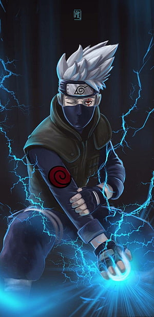 Kakashi Hatake channeling blue lightning in a dark anime illustration HD phone wallpaper