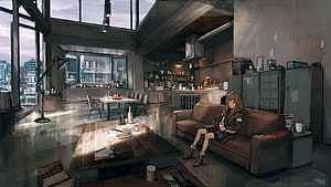 Anime Girl Sitting on Sofa in Industrial Loft Apartment with City View HD wallpaper