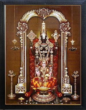 Lord Balaji and Goddess Lakshmi Seated on Lotus in Ornate Golden Temple Arch HD phone wallpaper