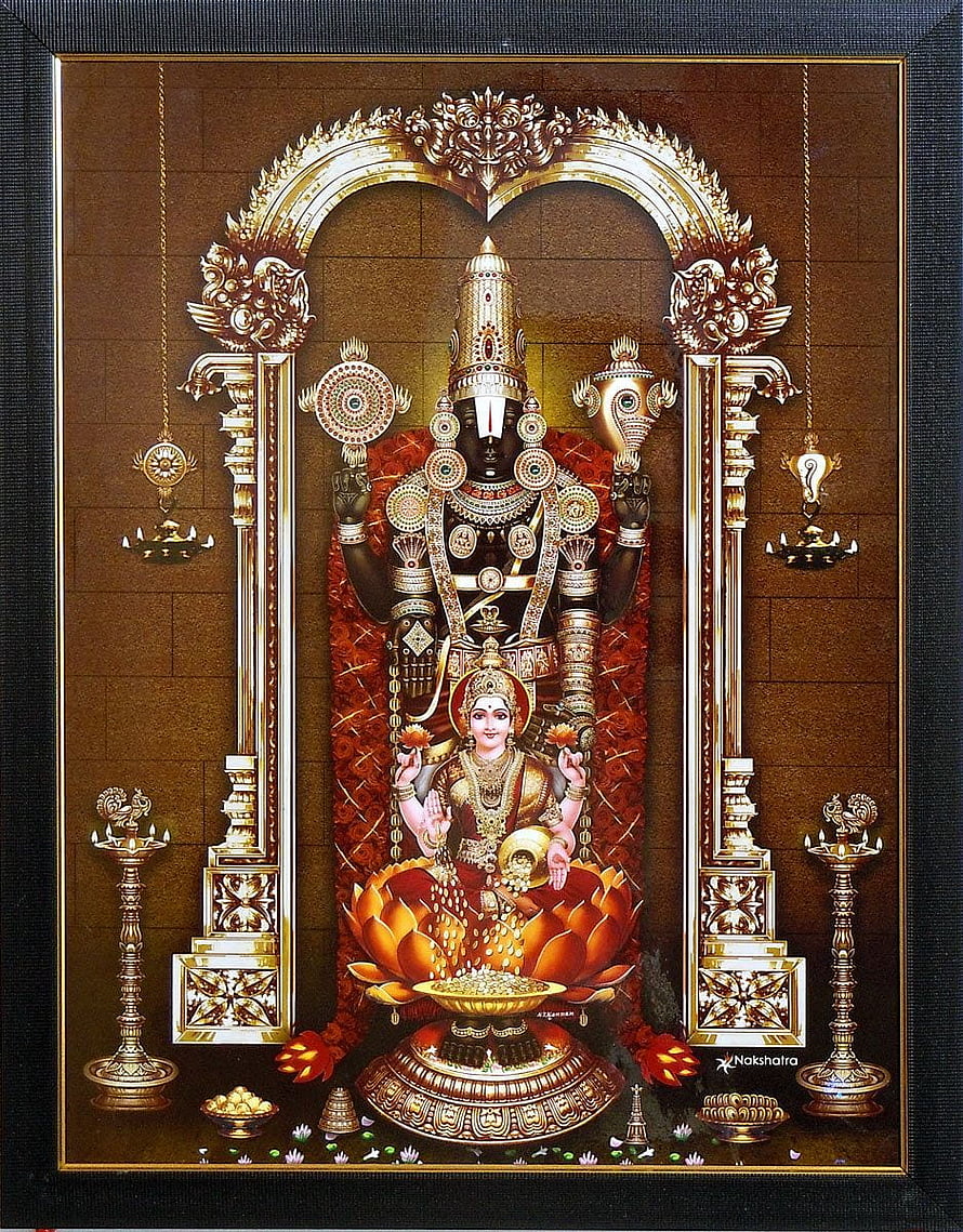 Lord Balaji and Goddess Lakshmi Seated on Lotus in Ornate Golden Temple Arch HD phone wallpaper