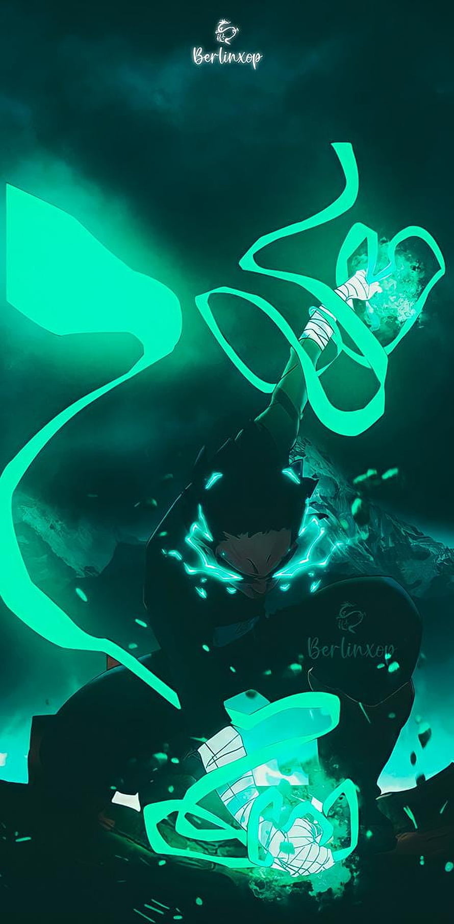 Rock Lee from Naruto unleashing a glowing green energy kick in a dark battle scene HD phone wallpaper