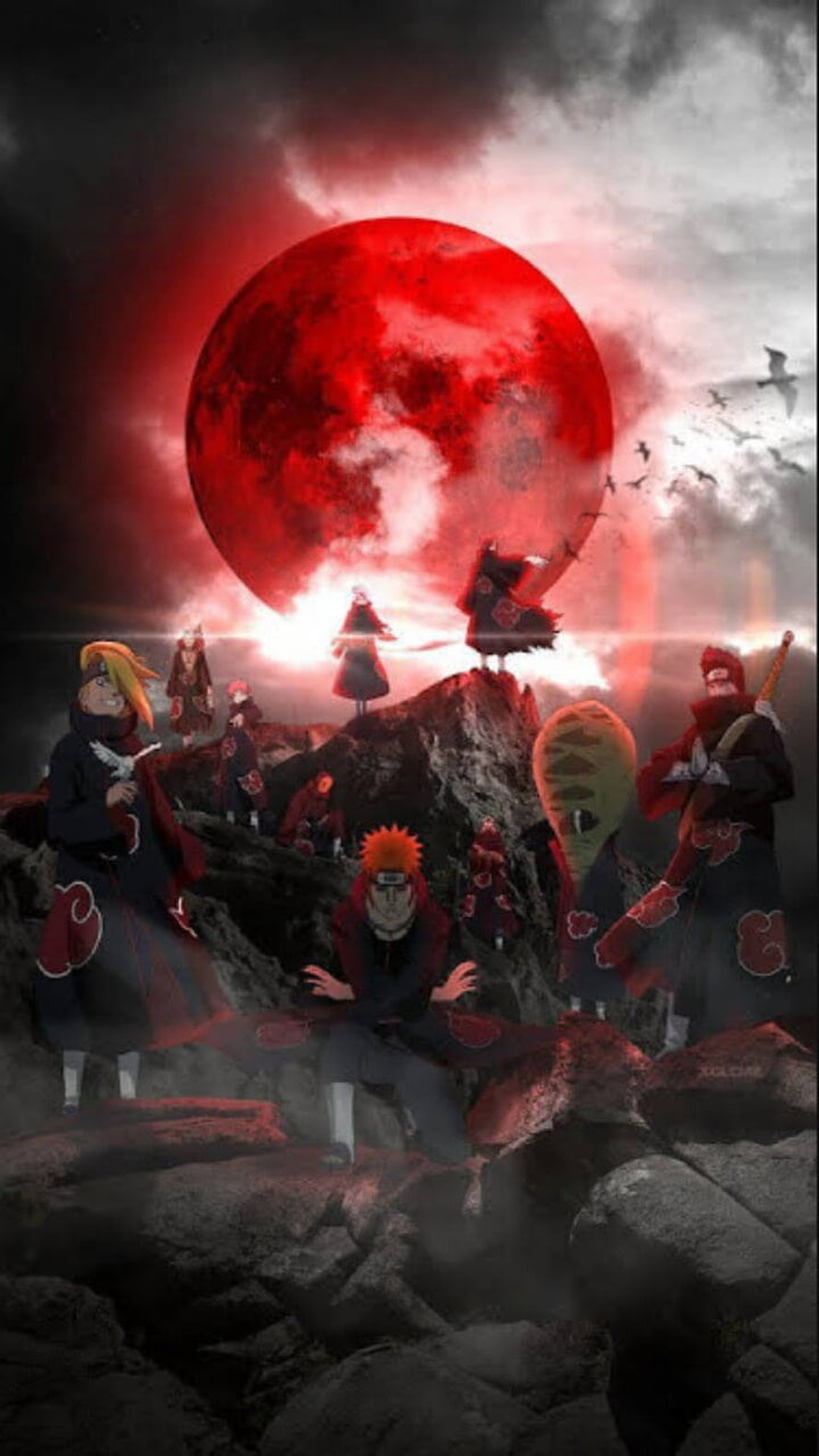 Akatsuki Members Gathered on Rocky Terrain Under a Blood Red Moon in Naruto HD phone wallpaper
