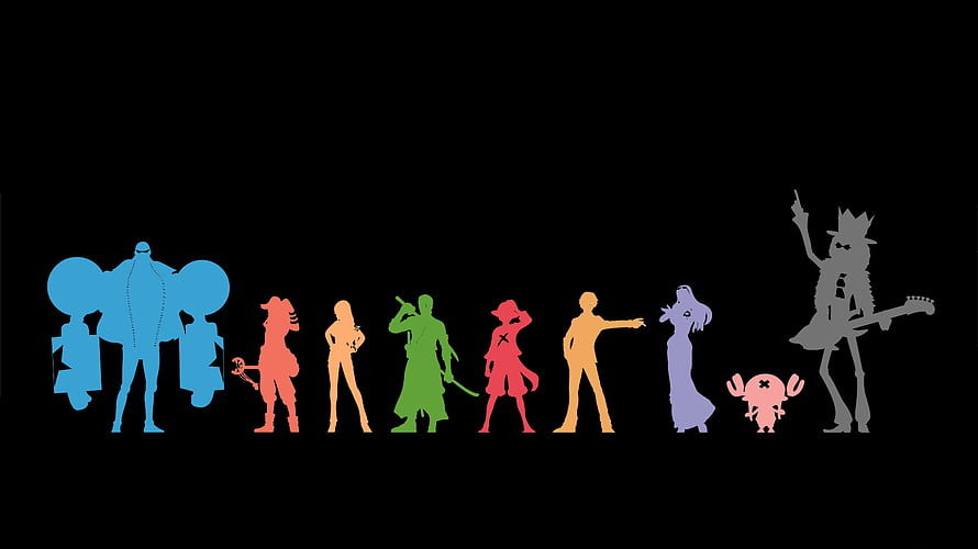 One Piece Character Silhouettes in Vibrant Colors on Black Background HD wallpaper