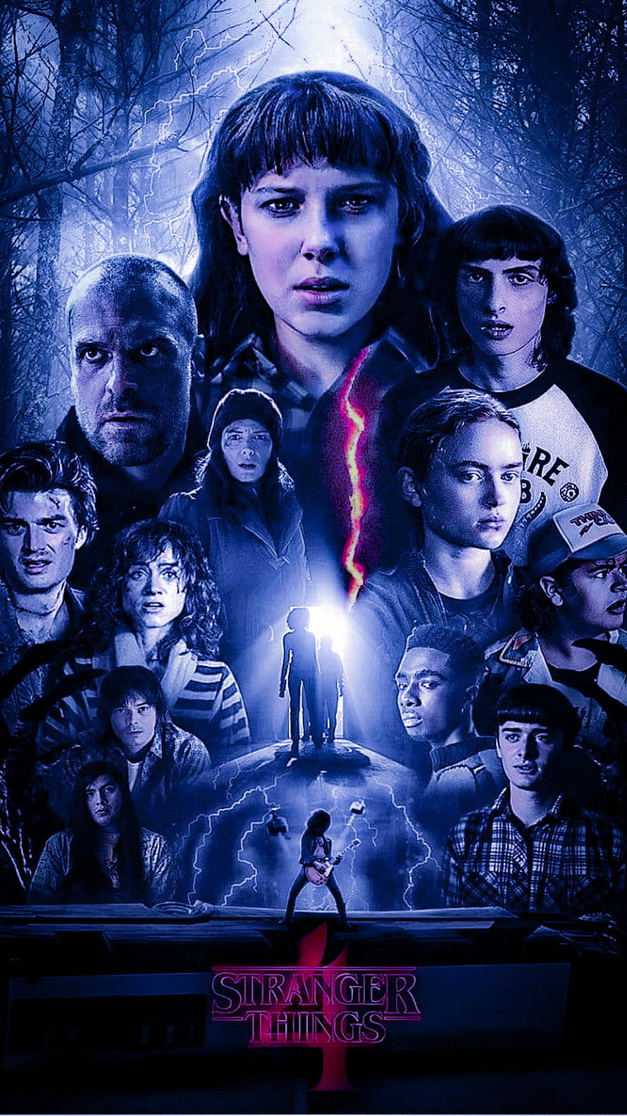 Stranger Things Season 4 Character Ensemble Poster with Blue Lightning and Dark Forest Atmosphere HD phone wallpaper