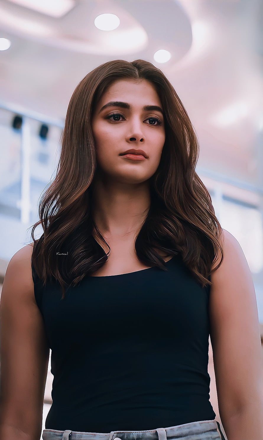 Pooja Hegde Portrait in Black Tank Top with Long Wavy Hair HD phone wallpaper