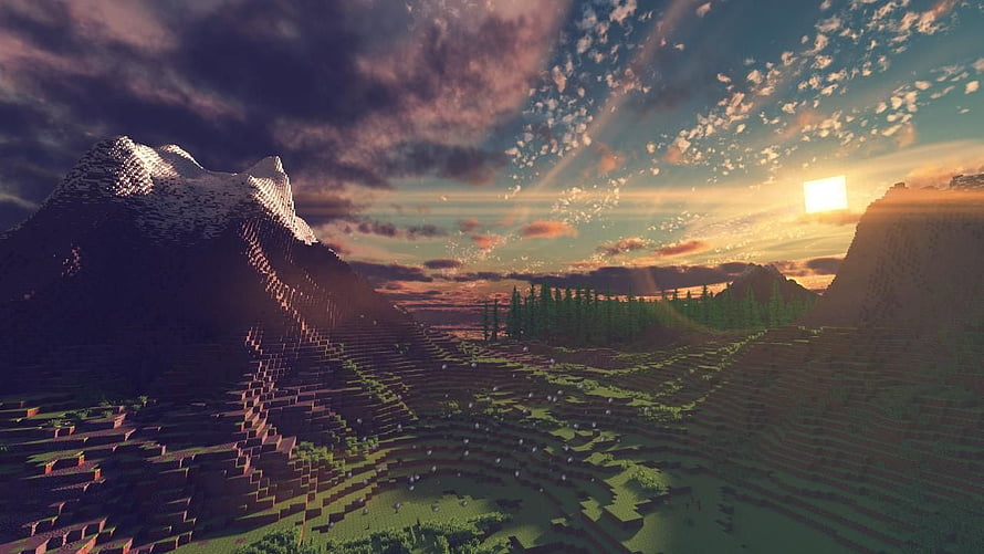 Minecraft RTX Shaders: Snowy Mountain Valley at Sunset with Realistic Lighting HD wallpaper