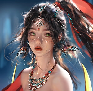 Wlop Fantasy Portrait of an Ornate Princess with Butterfly Earrings and Jeweled Headdress HD wallpaper