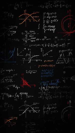 Blackboard filled with colorful calculus equations, trigonometric graphs, and geometric diagrams HD phone wallpaper