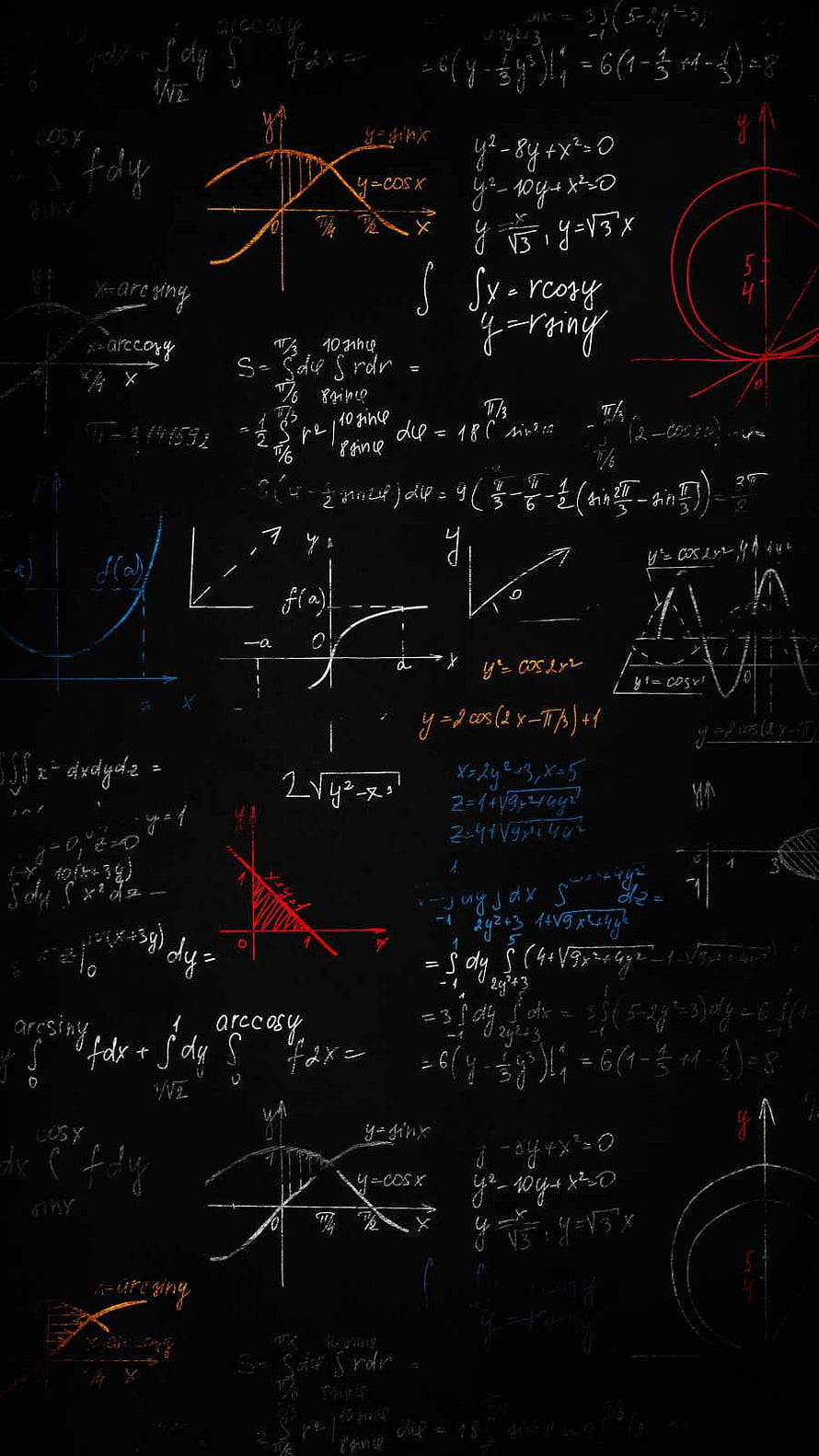 Blackboard filled with colorful calculus equations, trigonometric graphs, and geometric diagrams HD phone wallpaper
