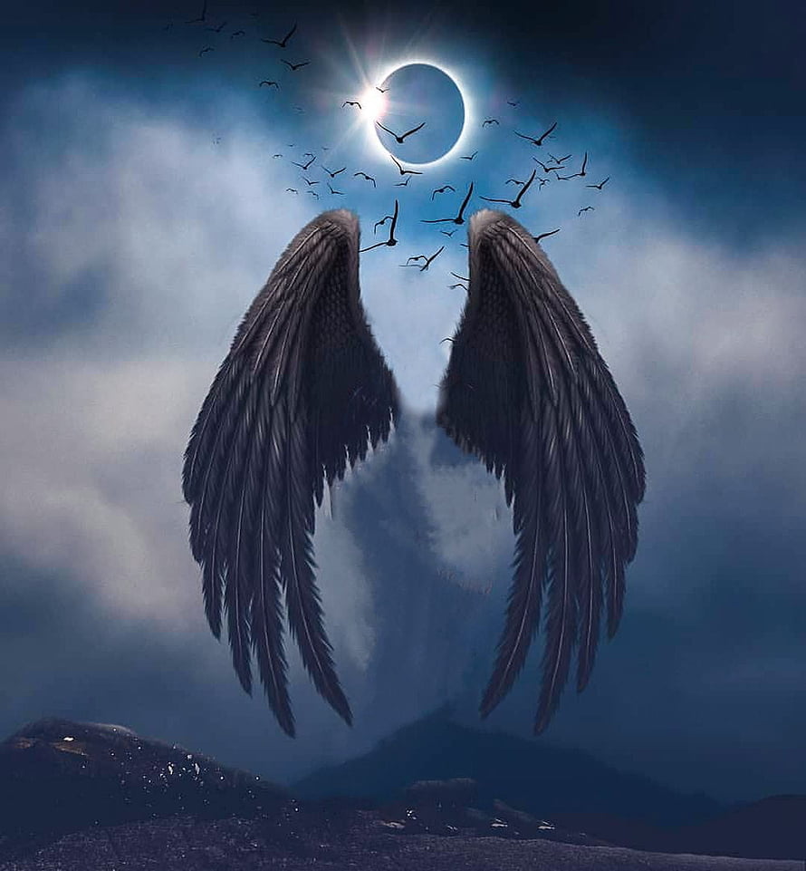 Dark Angel Wings Silhouette Against Solar Eclipse and Flock of Birds in Stormy Sky HD phone wallpaper