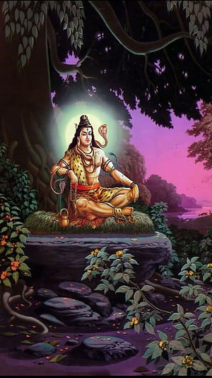 Lord Shiva Meditating in a Mystical Forest with Serpents and Cosmic Glow HD phone wallpaper