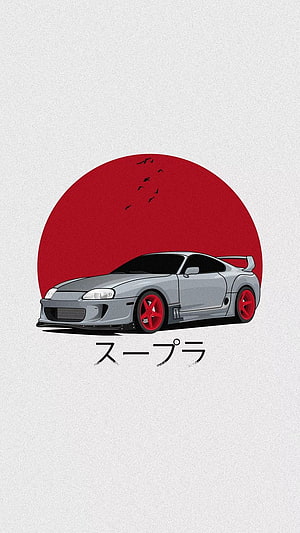 Minimalist Toyota Supra MK4 Illustration with Red Sun and Japanese Katakana Text HD phone wallpaper
