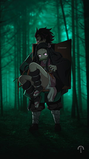 Tanjiro Carrying Nezuko in a Wooden Box Through a Dark Forest in Demon Slayer HD phone wallpaper