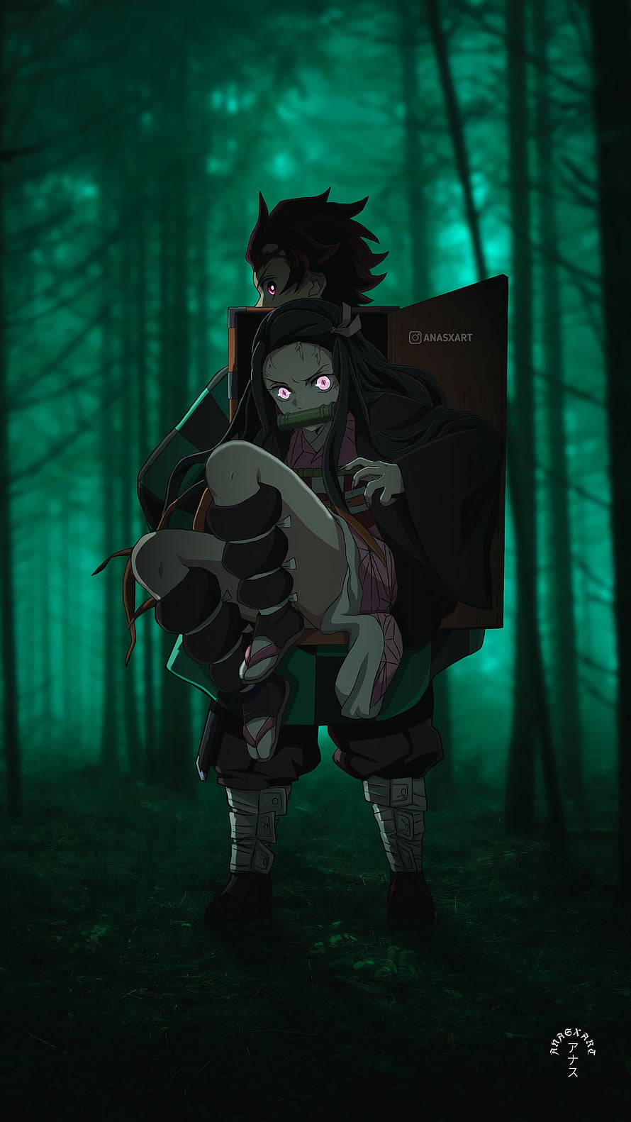 Tanjiro Carrying Nezuko in a Wooden Box Through a Dark Forest in Demon Slayer HD phone wallpaper