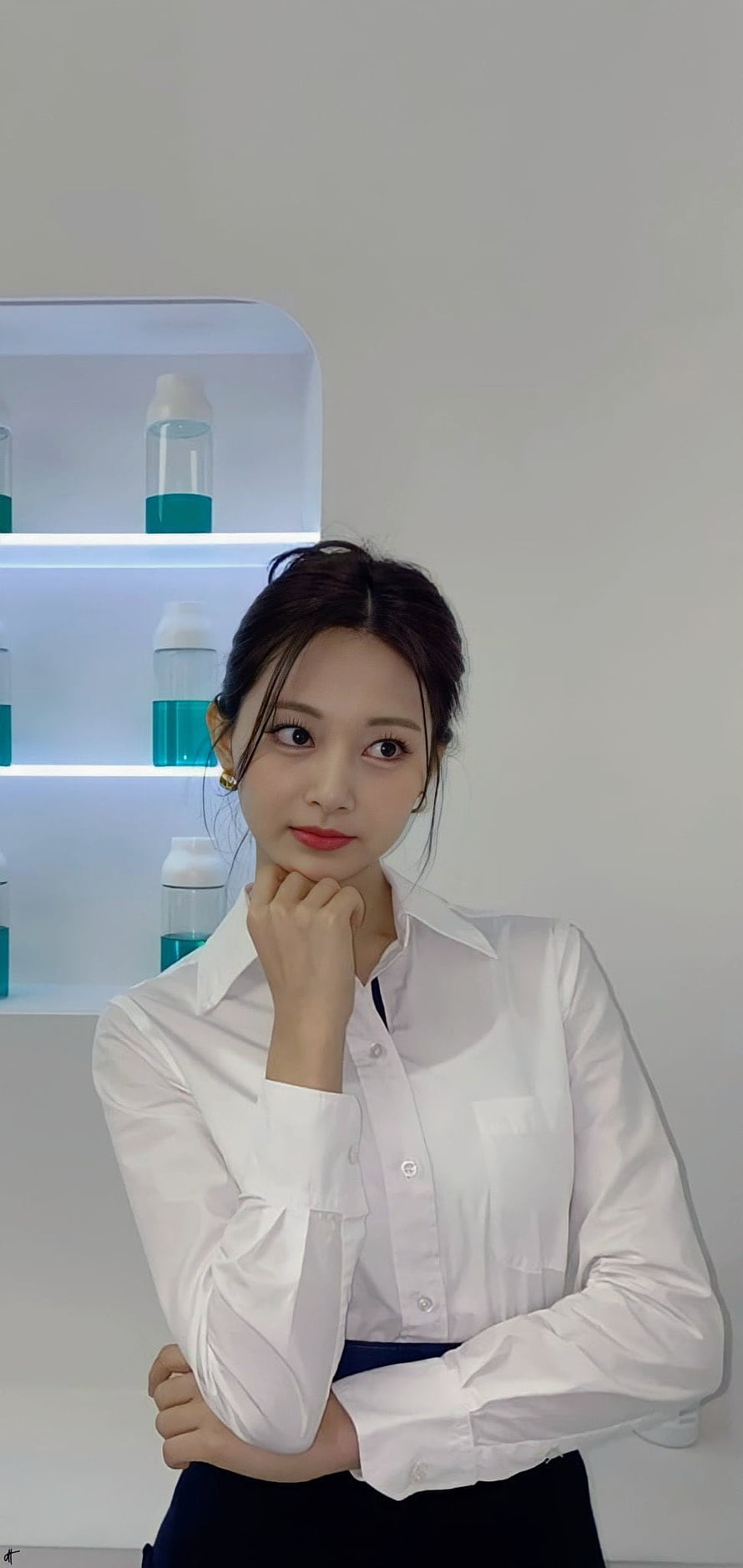 Tzuyu from TWICE in a crisp white button-down shirt with a thoughtful pose HD phone wallpaper