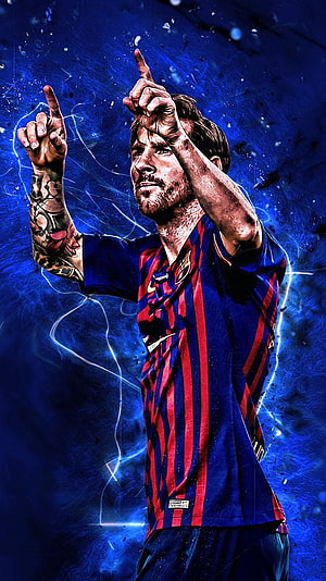 Lionel Messi in Barcelona Kit with Electric Blue Lightning Background HD phone wallpaper