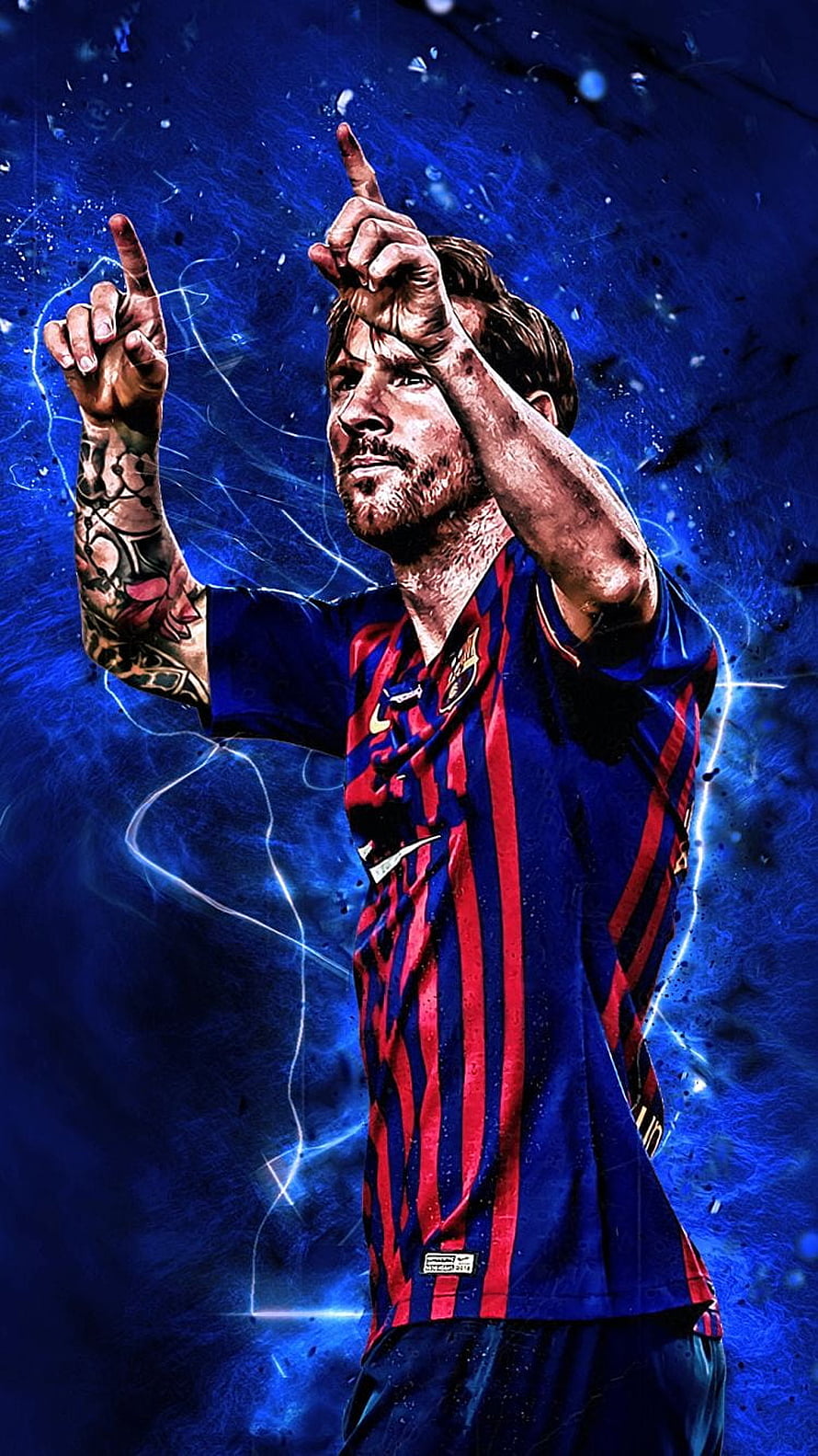 Lionel Messi in Barcelona Kit with Electric Blue Lightning Background HD phone wallpaper