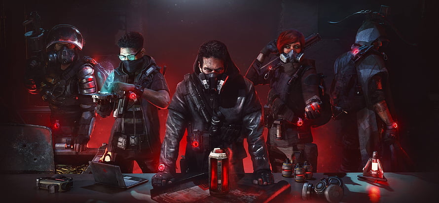 Tom Clancy's The Division 2 Agents in Tactical Gear with Red Neon Lighting HD wallpaper