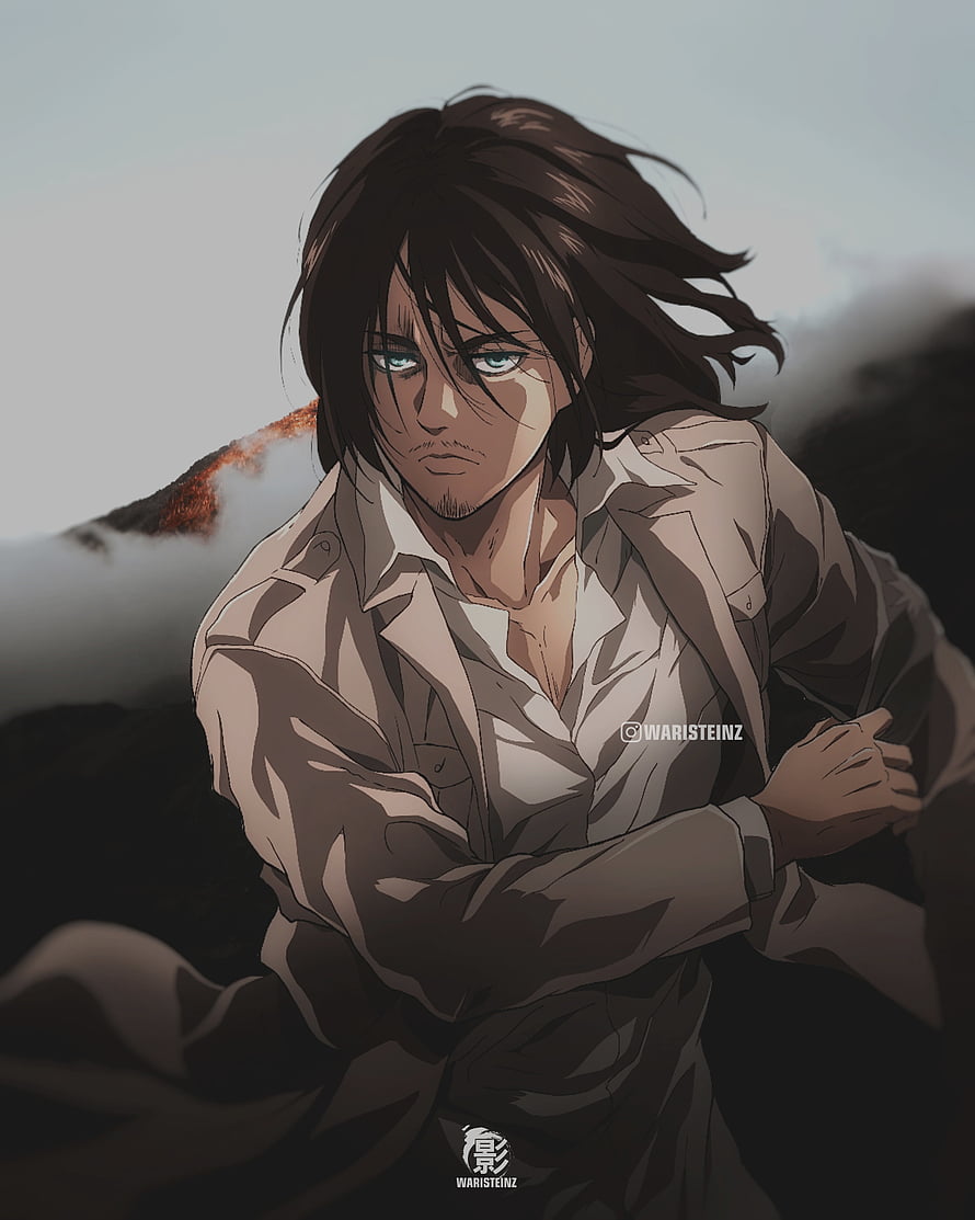 Eren Yeager from Attack on Titan in a dramatic anime illustration with wind-blown hair and intense gaze HD phone wallpaper