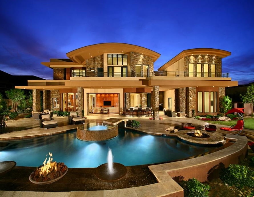 Modern Luxury Home With Curved Roof And Illuminated Pool At Dusk HD wallpaper