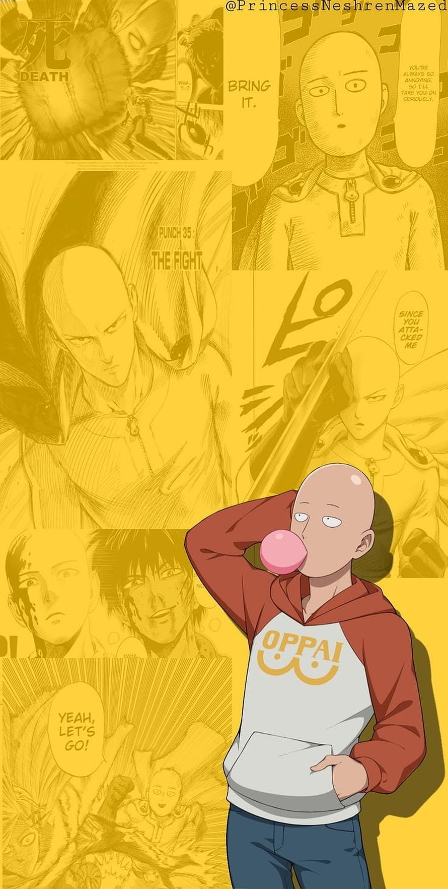 Saitama from One Punch Man Blowing Bubblegum in Red Hoodie Against Manga Panel Background HD phone wallpaper