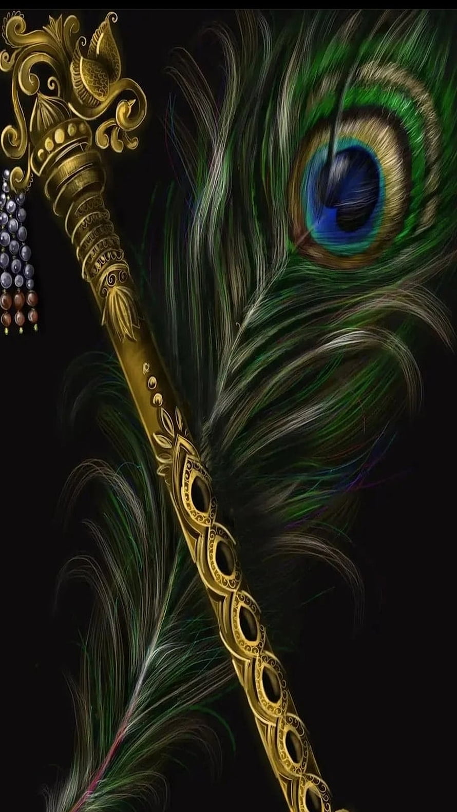 Ornate Golden Flute with Peacock Feather and Beaded Tassel on Black Background HD phone wallpaper