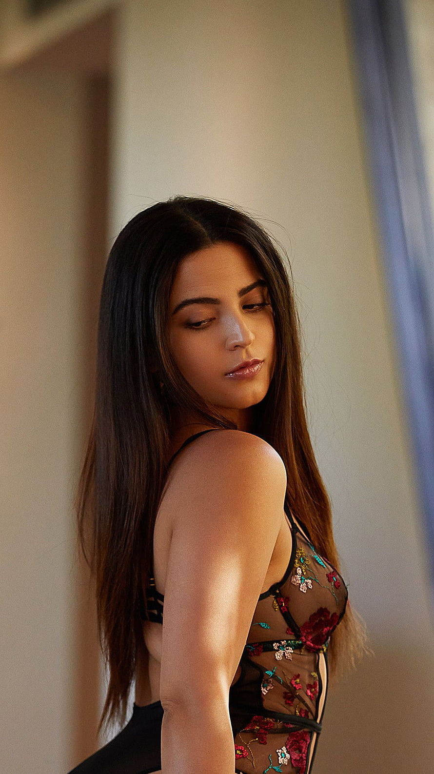 Ariana Van in Floral Embroidered Sheer Lingerie with Long Dark Hair HD phone wallpaper