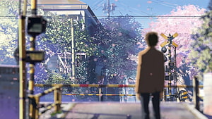 Makoto Shinkai 5 Centimeters Per Second anime scene of a figure at a spring railway crossing HD wallpaper
