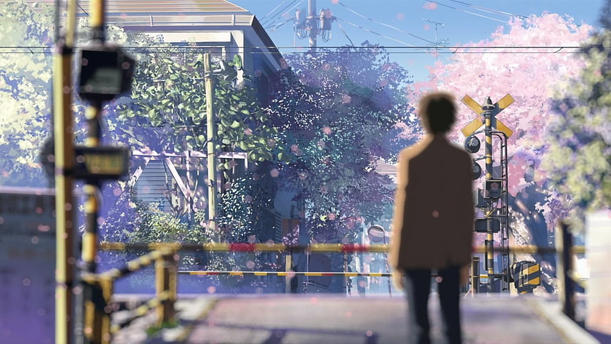 Makoto Shinkai 5 Centimeters Per Second anime scene of a figure at a spring railway crossing HD wallpaper