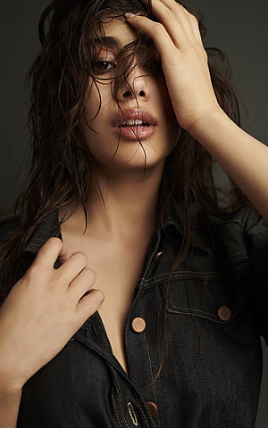 Jhanvi Kapoor Studio Portrait in Dark Denim Shirt with Wet Hair HD phone wallpaper