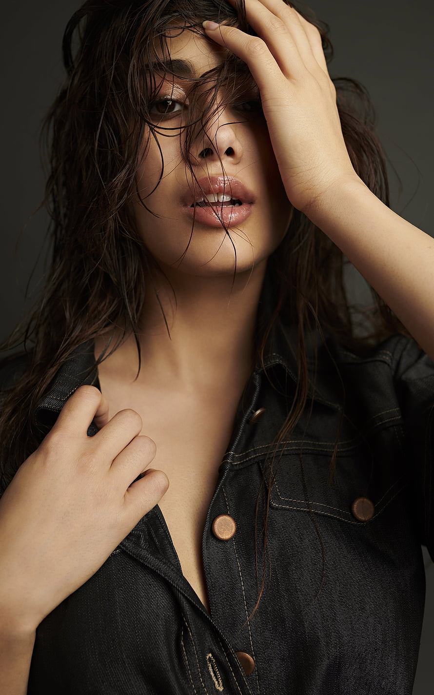 Jhanvi Kapoor Studio Portrait in Dark Denim Shirt with Wet Hair HD phone wallpaper