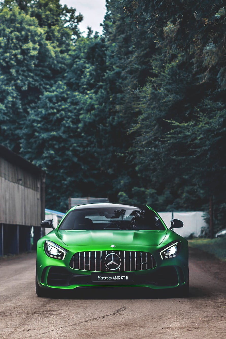 Mercedes-AMG GT R Green Supercar Front View on Forest Road HD phone wallpaper