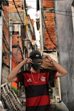 Flamengo Fan in Favela Street Wearing Adidas Jersey and Black Cap HD phone wallpaper