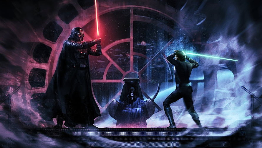 Darth Vader and Luke Skywalker duel with lightsabers before Emperor Palpatine in Star Wars Return of the Jedi HD wallpaper