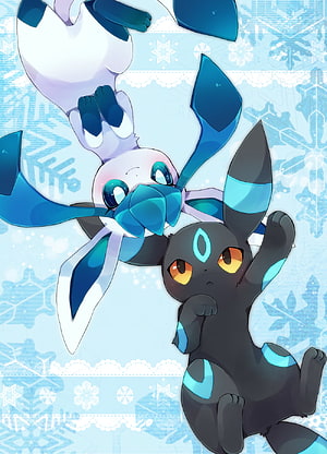 Shiny Glaceon and Umbreon Cuddling on a Winter Snowflake Patterned Background HD phone wallpaper