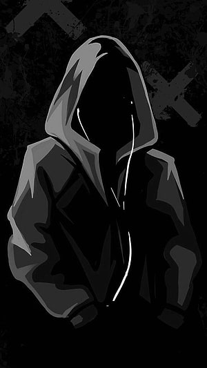 Mysterious Hooded Figure in Dark Grunge Style with Shadowy Silhouette HD phone wallpaper