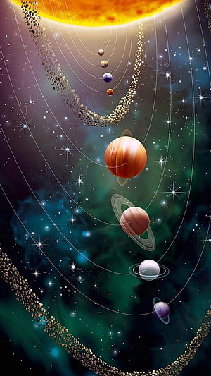 Stylized Solar System with Ringed Planets and Asteroid Belt in Deep Space HD phone wallpaper