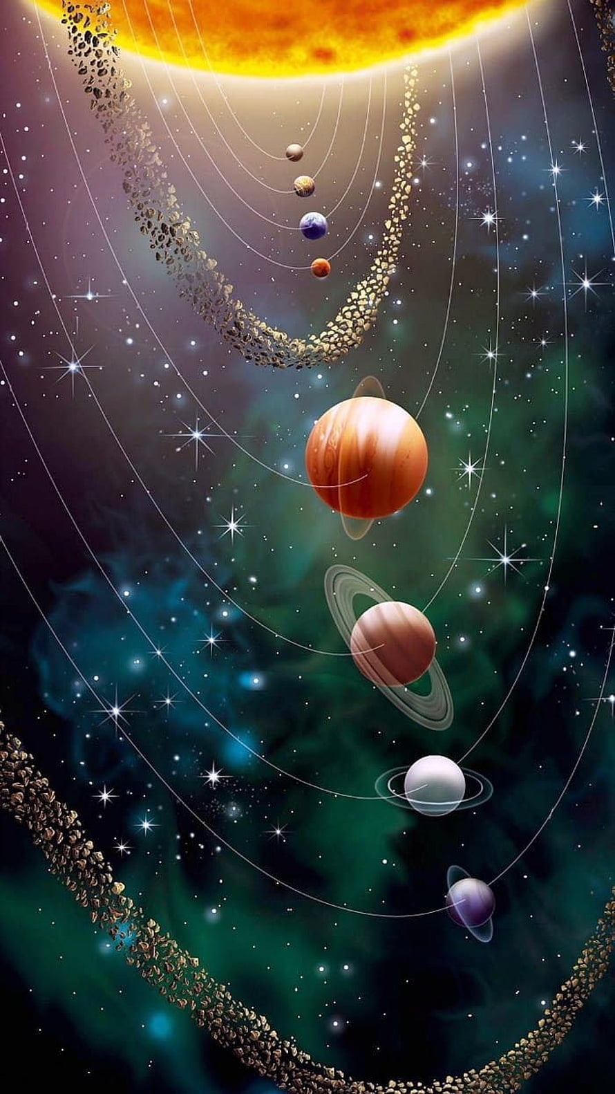 Stylized Solar System with Ringed Planets and Asteroid Belt in Deep Space HD phone wallpaper