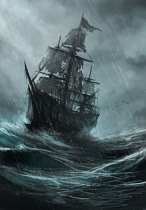 Flying Dutchman Ghost Ship Battling a Violent Storm at Sea HD phone wallpaper