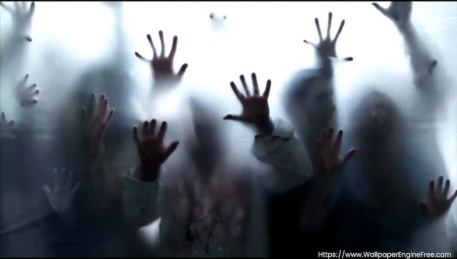 Horror Scene of Zombie Hands Pressing Against Frosted Glass in Dark Fog HD wallpaper