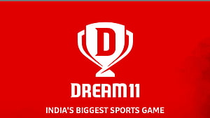 Dream11 Official Logo on Bold Red Background with Trophy Icon and Sports Game Tagline HD wallpaper