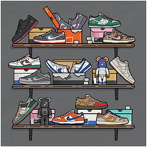 Illustrated Nike Dunk Sneaker Collection Displayed on Wooden Shelves with Bearbrick Figures HD phone wallpaper