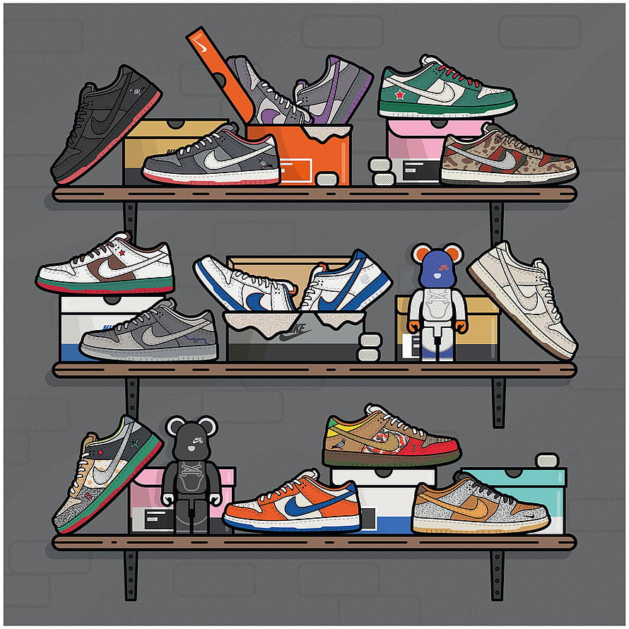 Illustrated Nike Dunk Sneaker Collection Displayed on Wooden Shelves with Bearbrick Figures HD phone wallpaper