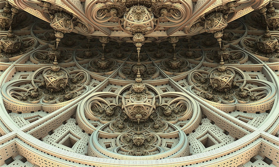 Intricate Fractal Architecture with Ornate Geometric Patterns and Symmetrical Design HD wallpaper