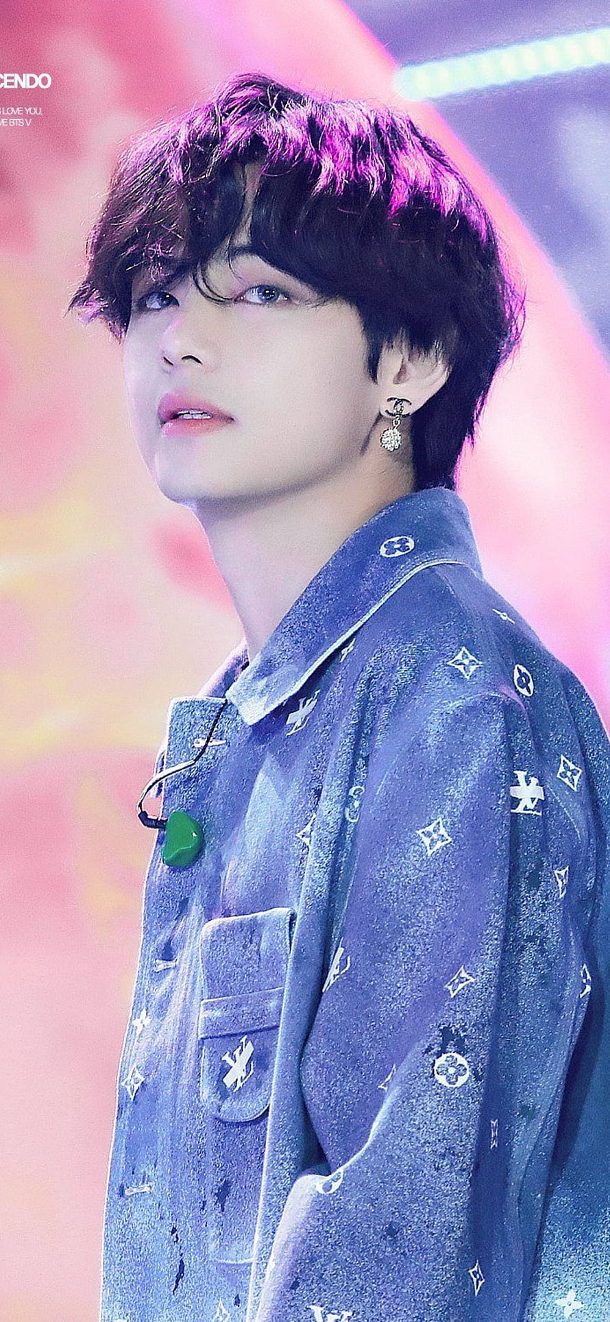 Kim Taehyung in a blue patterned jacket with purple stage lighting and diamond earring HD phone wallpaper