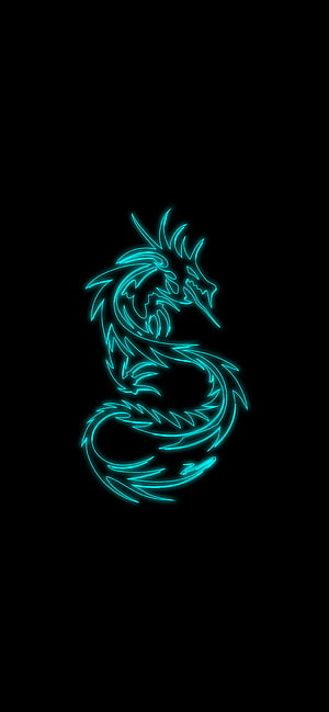 Glowing Cyan Neon Dragon Line Art on Black Background HD phone wallpaper