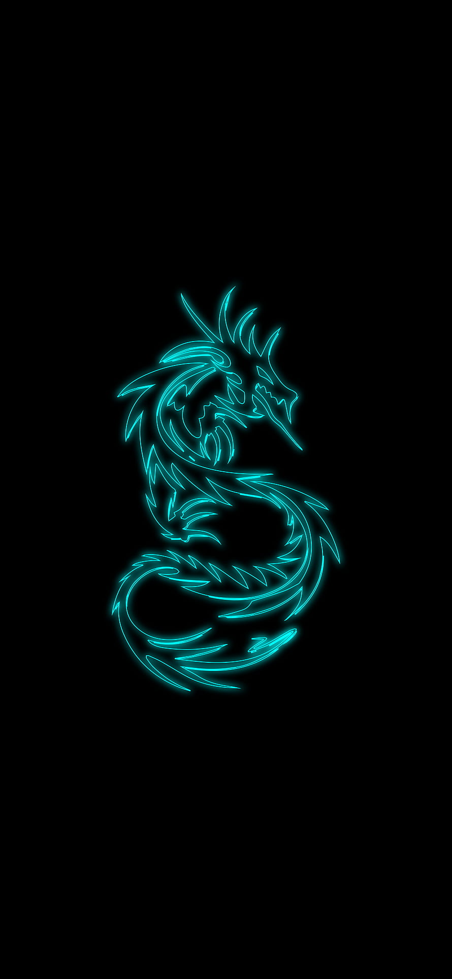 Glowing Cyan Neon Dragon Line Art on Black Background HD phone wallpaper